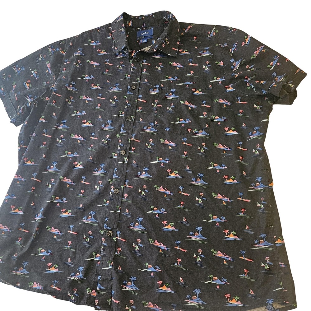 APT 9 Shirt Mens‎ 2XL Tropical Palm Tree Print Premier Flex Button Up Casual